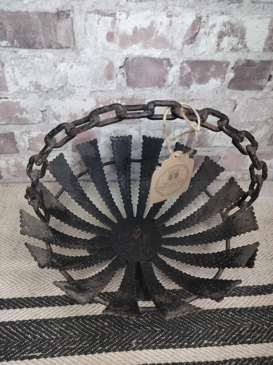 Vintage French Forged-Iron Brutalist Basket with Chain Handle