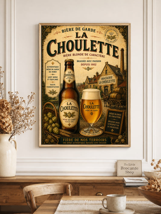 La Choulette Bière de Garde Vintage French Beer Print in Wooden frame. Choice of frames & sizes | French Brewery Wall Art Print | Available in A4, A3, A2, 50x70cm & A1
