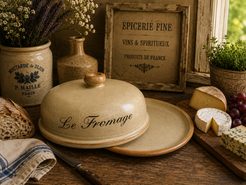French Stoneware Cheese Dome | "Le Fromage" Ceramic Cheese Cloche | Rustic Farmhouse Kitchen Serving Dish