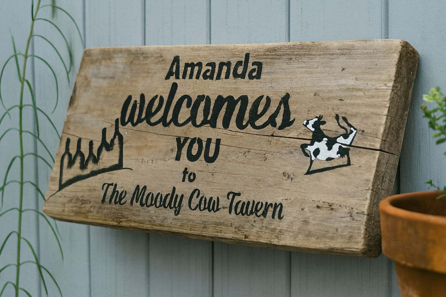 Personalised Upcycled Handmade Wooden '... Welcomes you to the Moody Cow Tavern' Sign