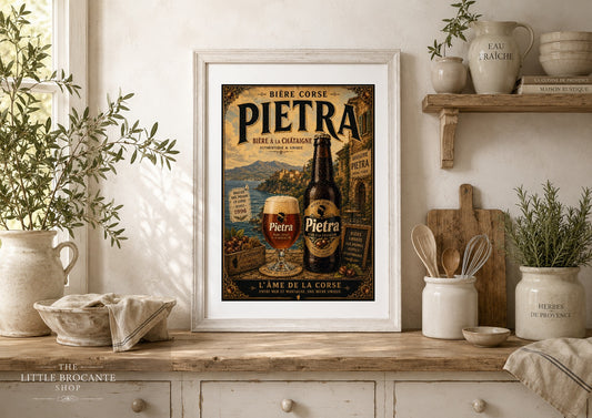 Pietra Vintage French Beer Poster in Wooden frame. Choice of frames & sizes | Corsican Brewery Wall Art Print