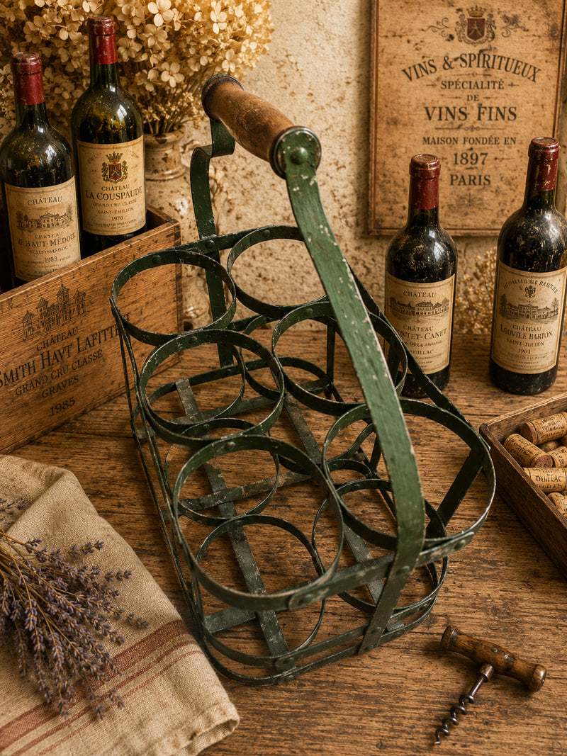 Vintage French Metal Wine Bottle Carrier | Six Bottle Wine Carrier | Rustic Vineyard Basket | French Country Wine Rack
