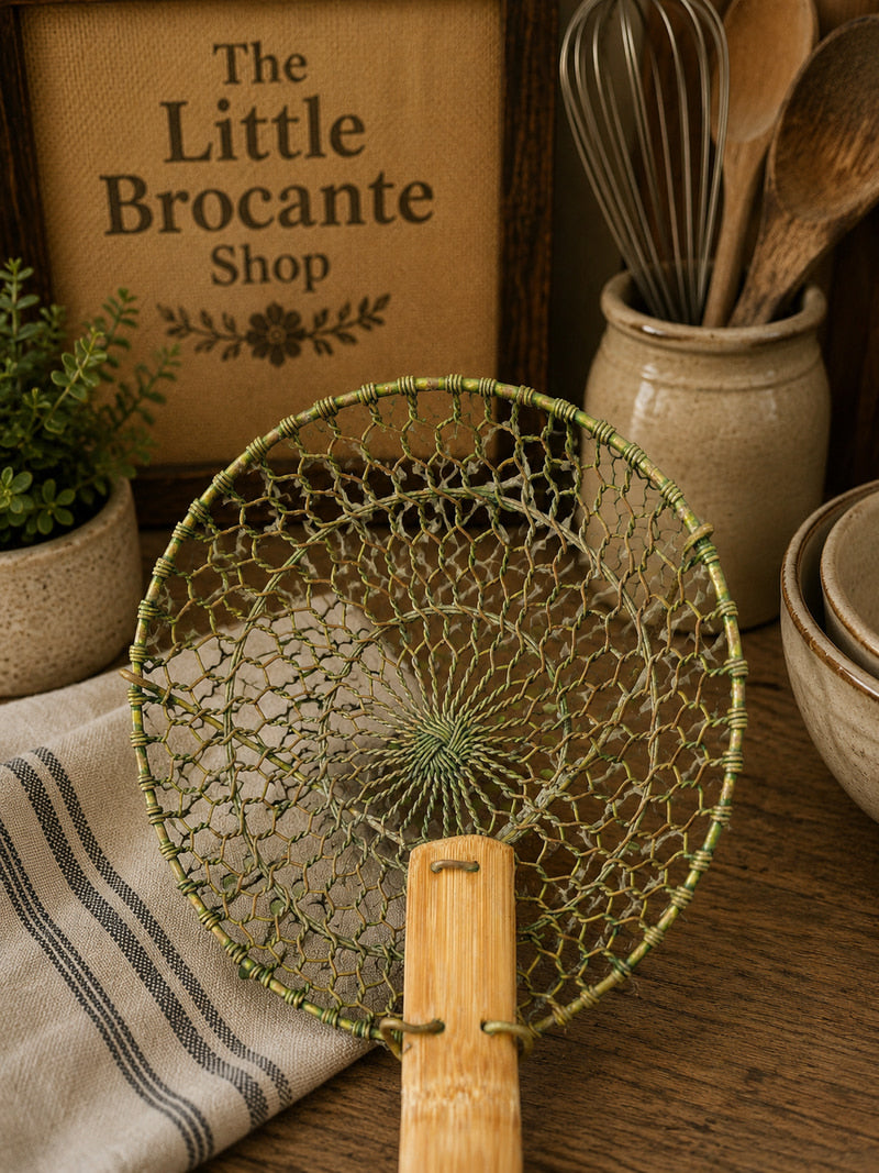 Vintage Bamboo Handled Wire Skimmer | Rustic Kitchen Utensil | Wok Spider Strainer