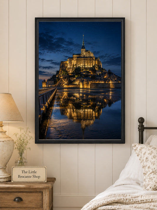 Mont Saint-Michel at Night – Illuminated Normandy Print | French Coastal Wall Art, French Country, Contemporary French, Classic European, Dark Academia, Heritage, Traditional, Modern Country, Moody Interior, Coastal, Rustic European, Contemporary wall artwork.