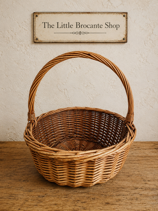 Vintage Round Wicker Gathering Basket | Rustic French Country Market Basket photograph 2