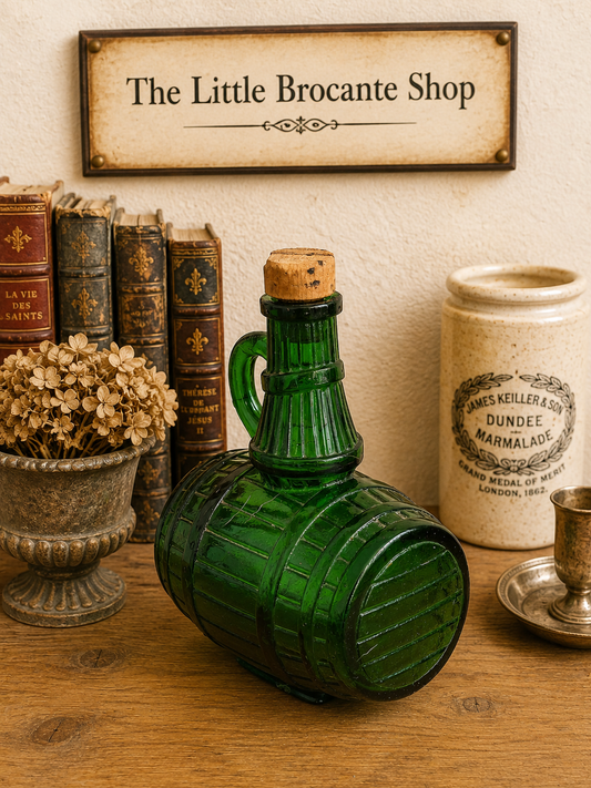 Vintage Green Glass Barrel Decanter with Cork Stopper | Rustic Wine Bottle photograph 2