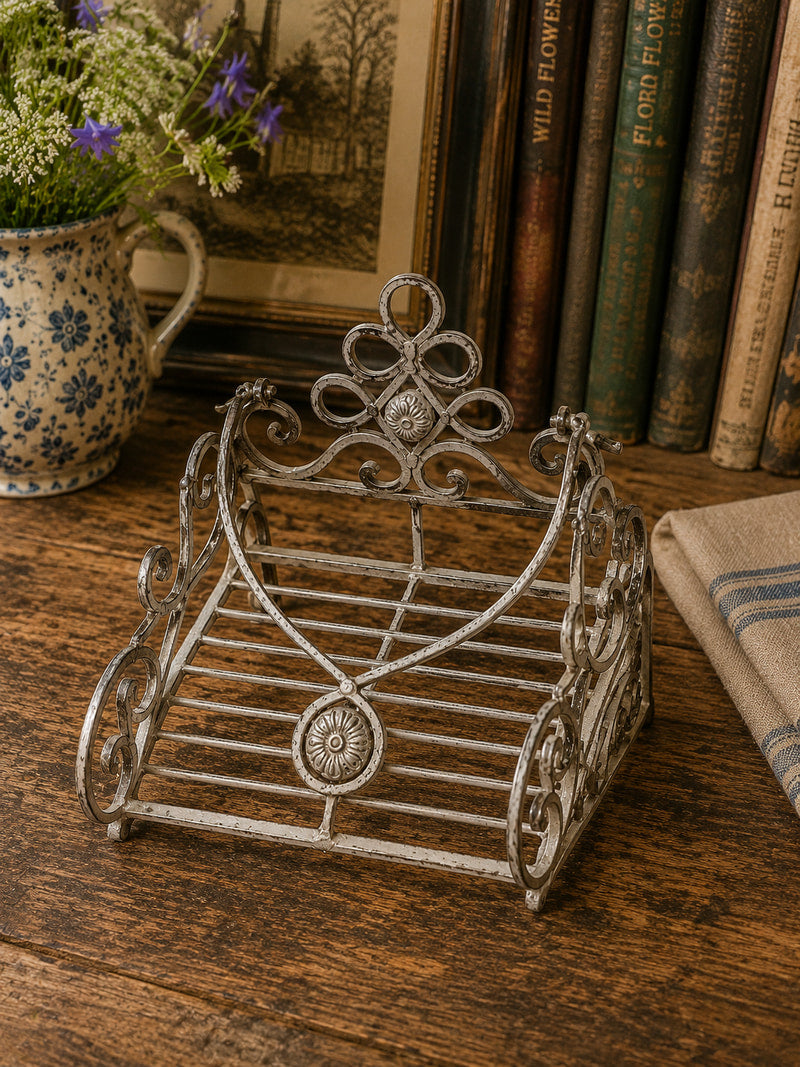 Vintage Ornate White Metal Serviette Holder | French Country Napkin Rack photograph 3