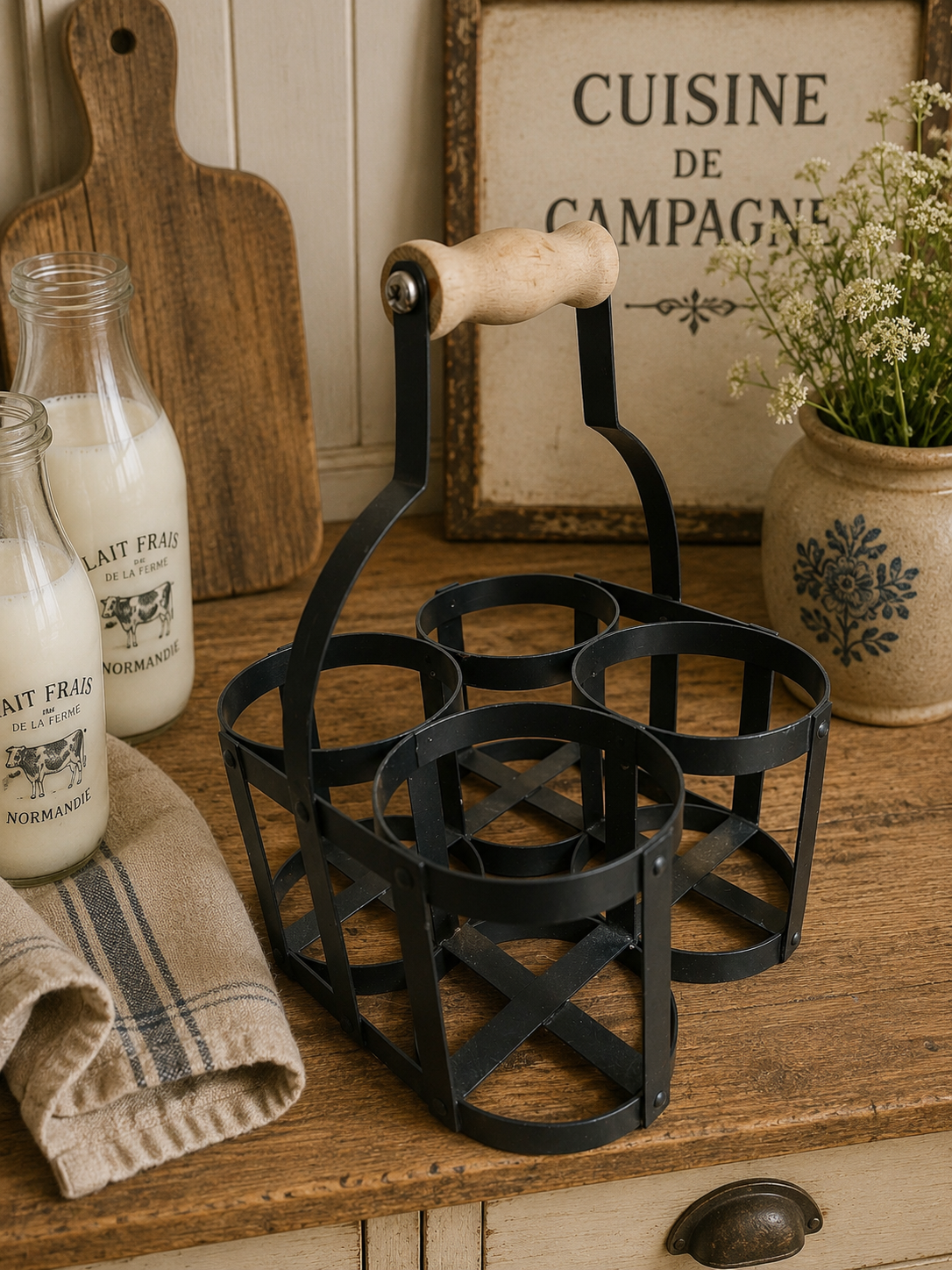 Rustic Metal Milk Bottle Carrier with Wooden Handle – Four Bottle Farmhouse Crate photograph 3