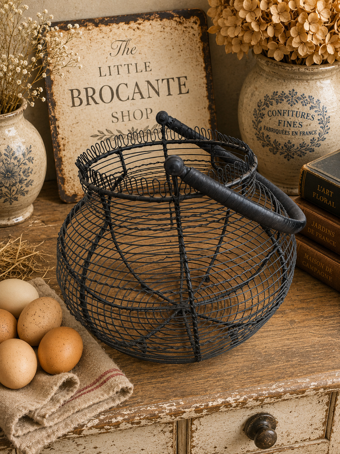 Vintage Black Wire Egg Basket with Folding Handle | French Farmhouse Kitchen Basket photograph 4