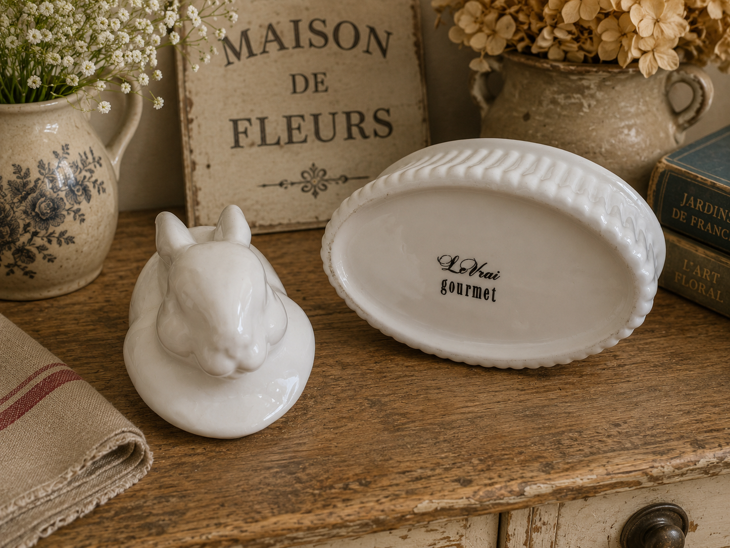 White Ceramic Rabbit Covered Terrine | French Country Kitchen Bunny Dish | Decorative Rabbit Pot photograph 4