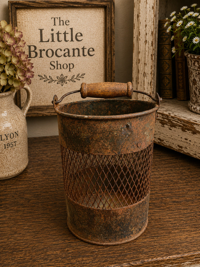 Vintage Indian Rustic Iron Jali Mesh Basket with Wooden Handle | Decorative Storage Pot photograph 4