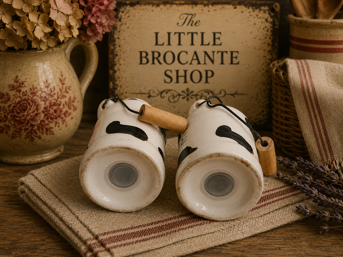 Cow Print Salt & Pepper Pots with Wooden Handles | Sel & Poivre French Country Kitchen Set photograph 5