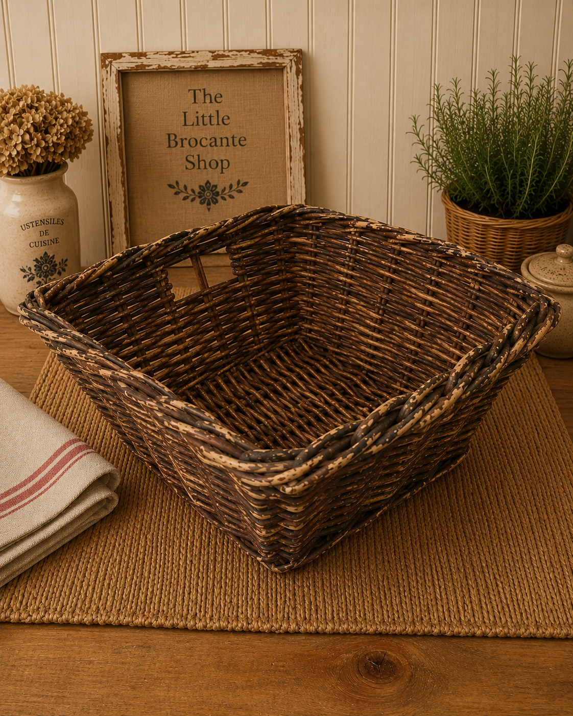Vintage Dark Willow Storage Basket | Rustic French Country Wicker Basket | Farmhouse Display Basket photograph 6