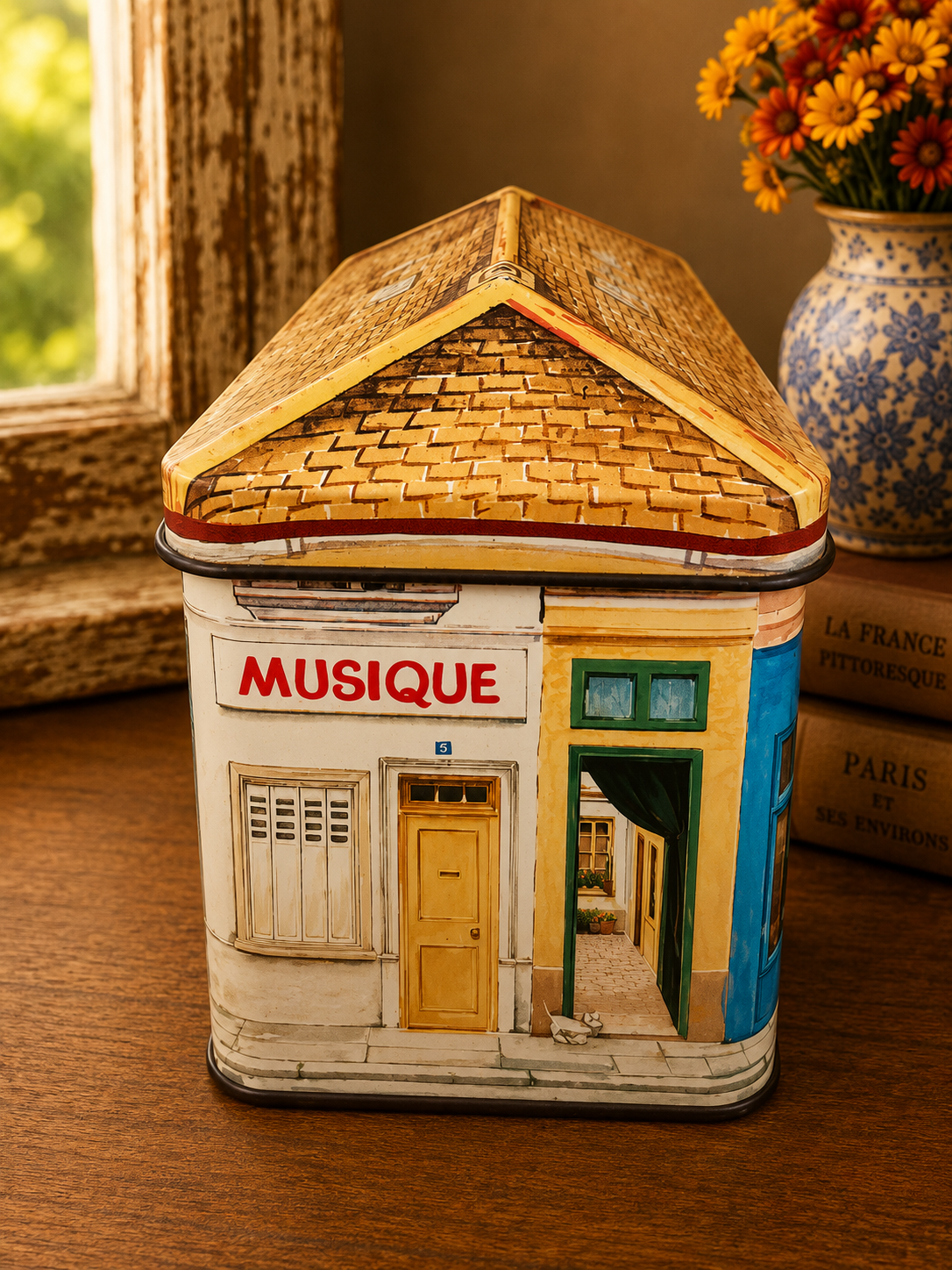French Village House Metal Storage Tin | Confiserie & Antiquités Decorative Tin photograph 6