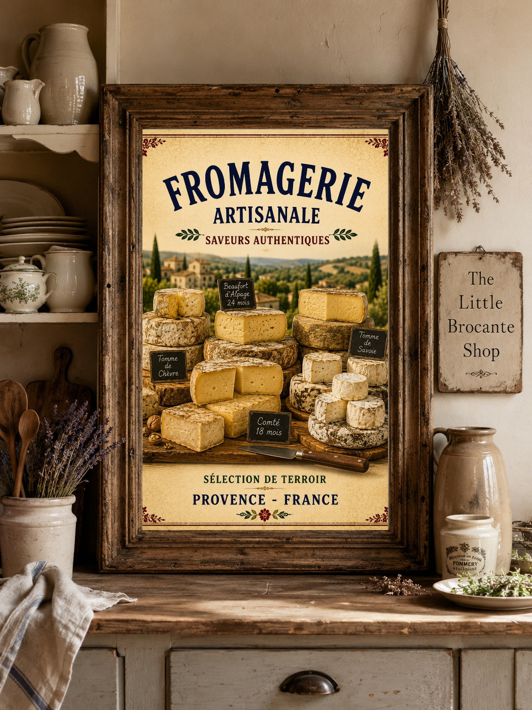 Fromagerie Artisanale – Vintage French Cheesemonger, French Country
Provence
Rustic Farmhouse
Brocante
Cottagecore
Mediterranean
Country Kitchen
Rustic Chic
Vintage European
Traditional
French Provincial
Old World
Continental
Artisan Food Store Style wall artwork.