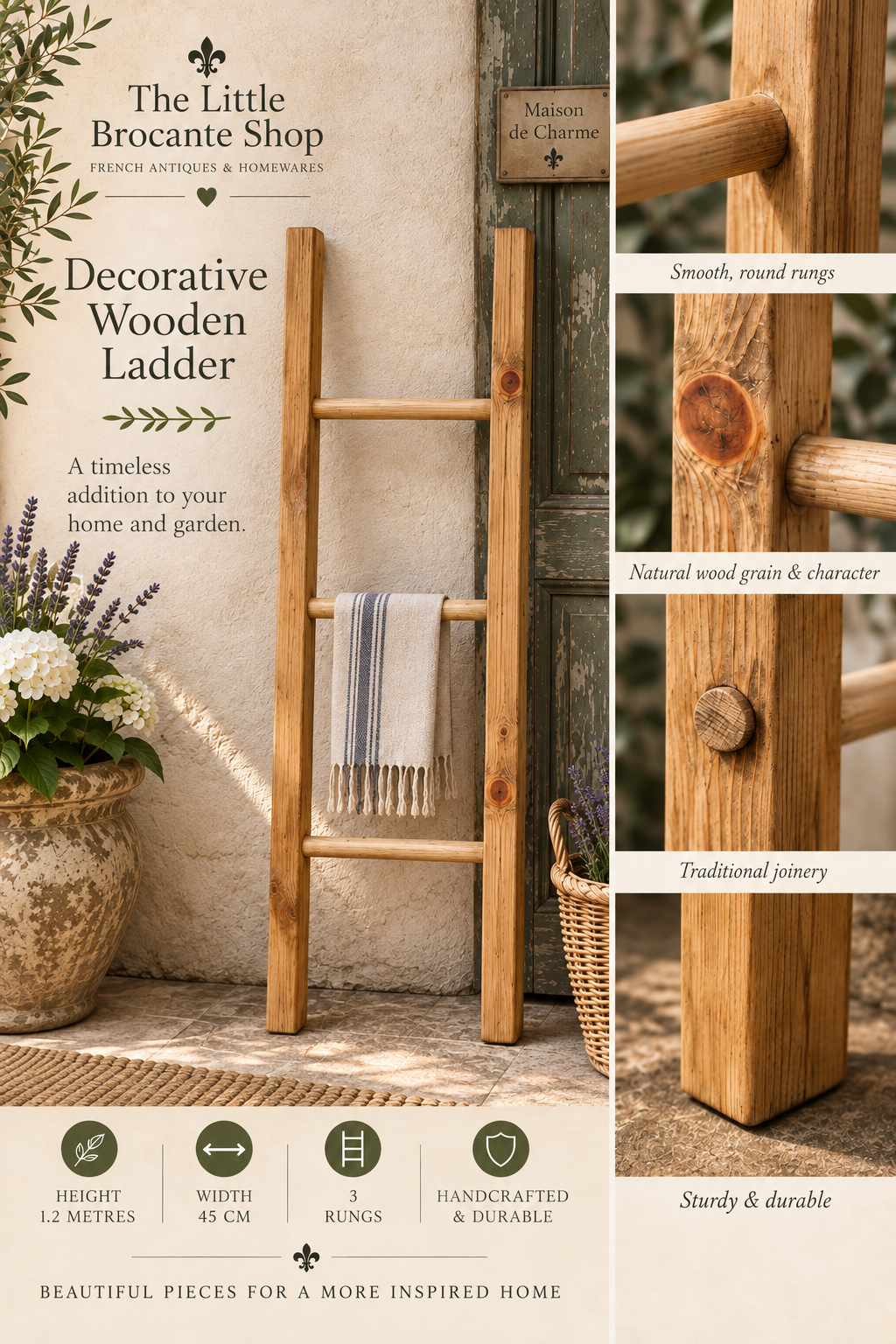 Traditional Rustic Wooden Towel or Blanket Ladder 1.2 metres (4ft) tall