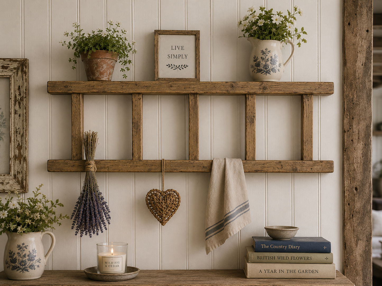 Rustic Wooden Wall Display Ladder Shelf – Handmade | 1.2m Wide x 45cm High