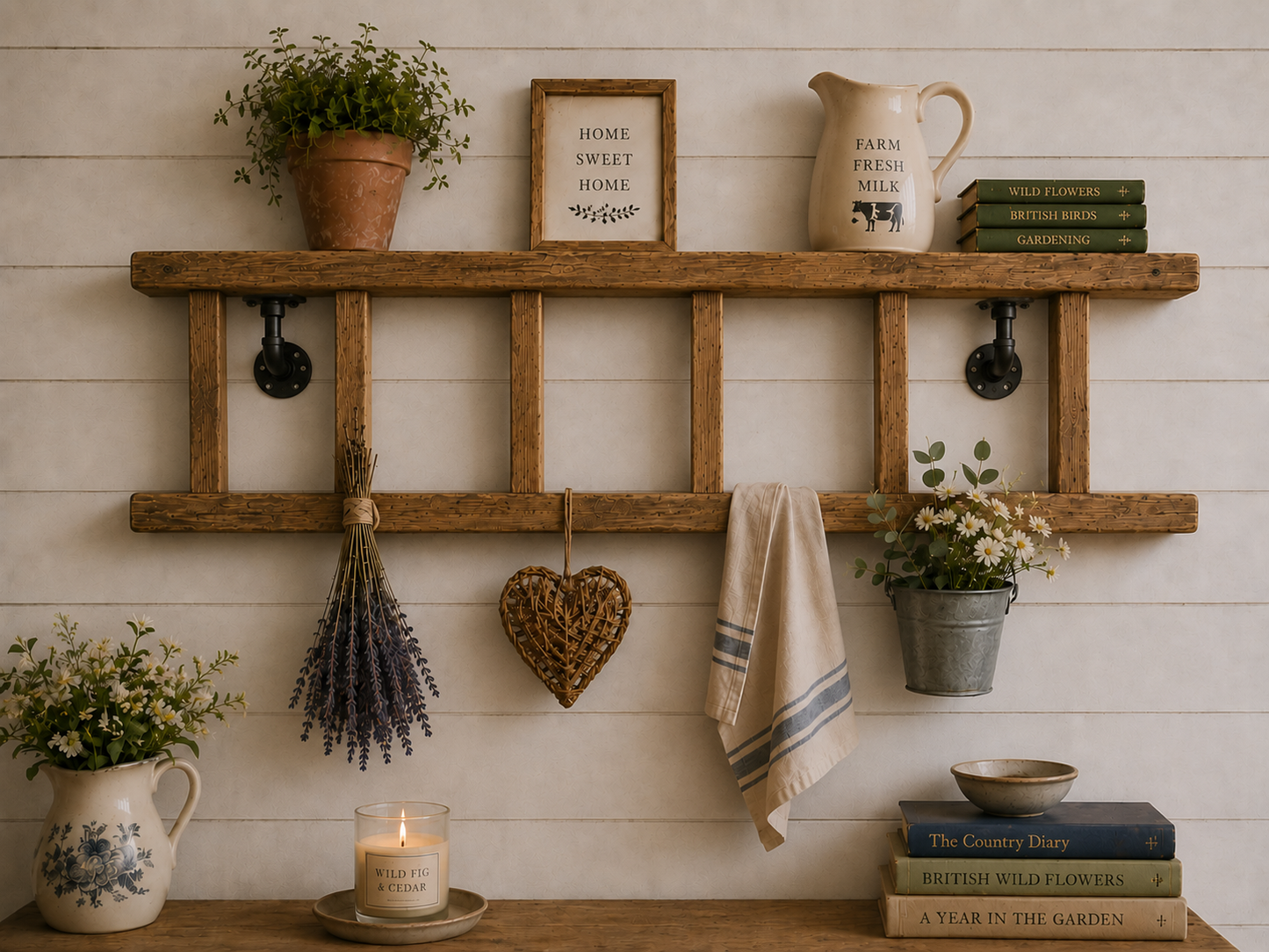 Wooden shelf with decorative items on a white wall