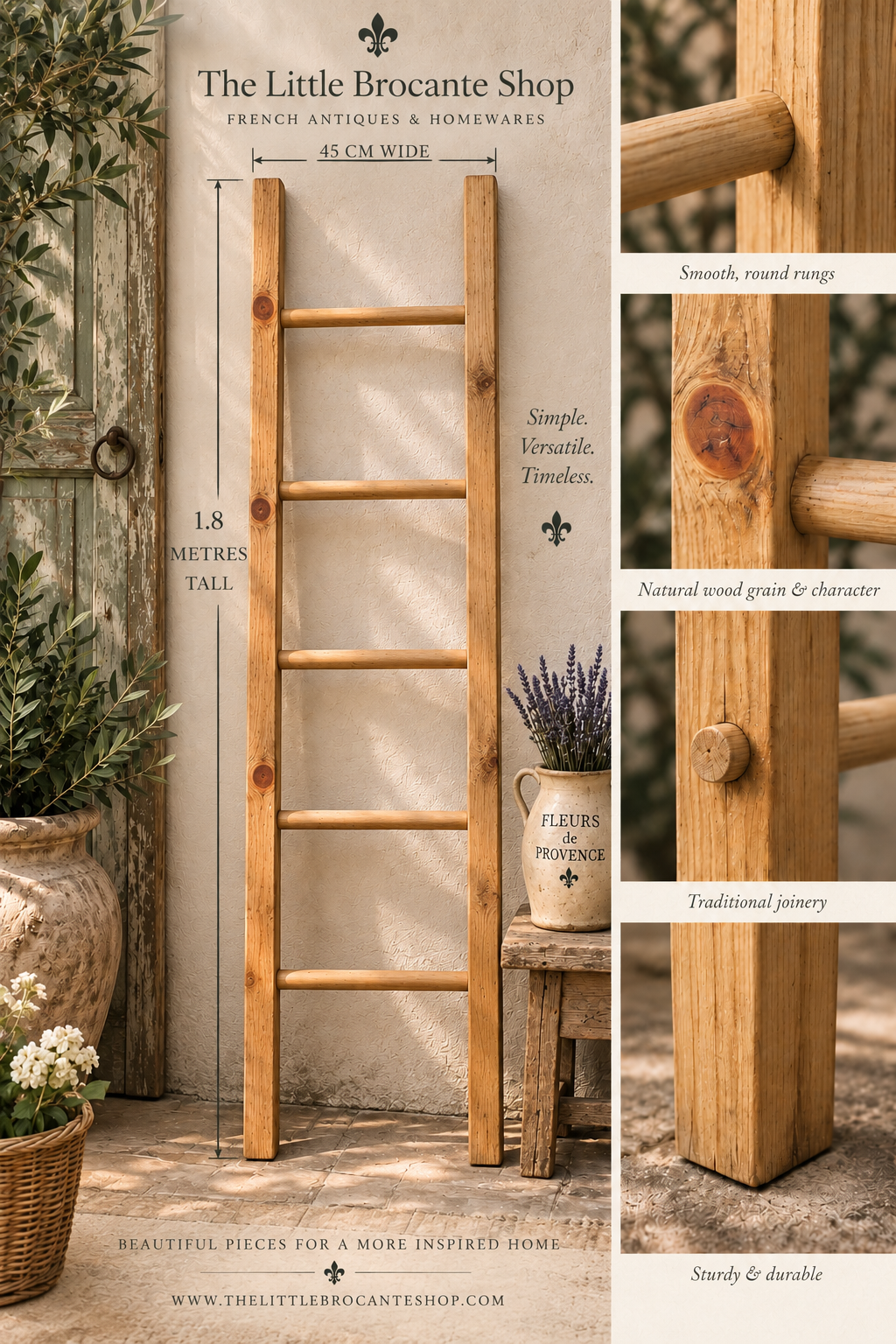 Traditional Rustic Wooden Towel or Blanket Ladder 1.8 metres (5.9ft) tall