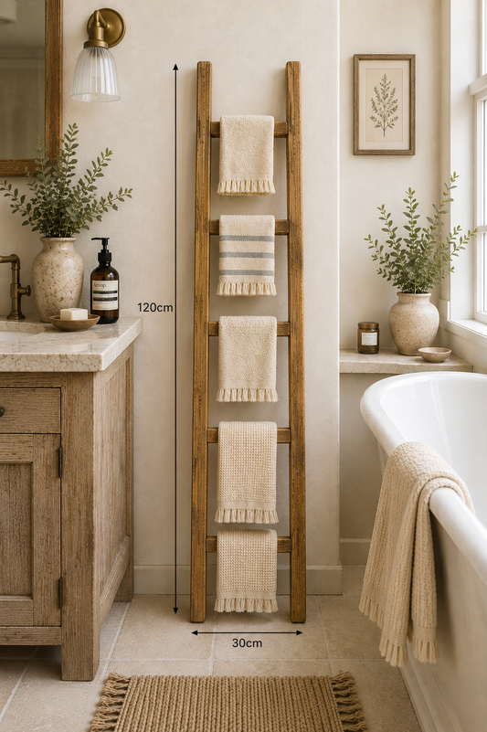Narrow Rustic Wooden Towel Ladder 1.2 m tall | Farmhouse Blanket Ladder | Bathroom & Bedroom Storage