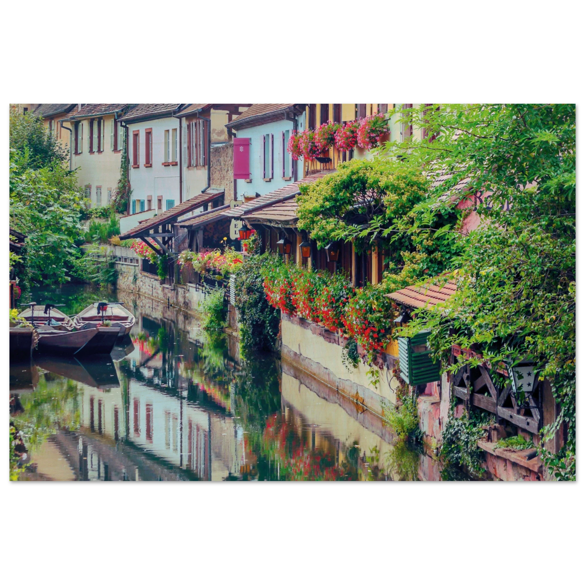 Colmar Canal Wooden Print on FSC-certified birch wood with rustic natural grain and vibrant canal scene