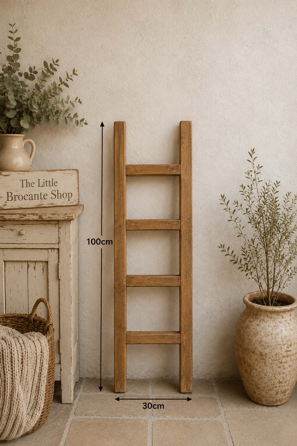 Narrow Rustic Wooden Towel Ladder 1 metre tall | Farmhouse Blanket Ladder | Bathroom & Bedroom Storage