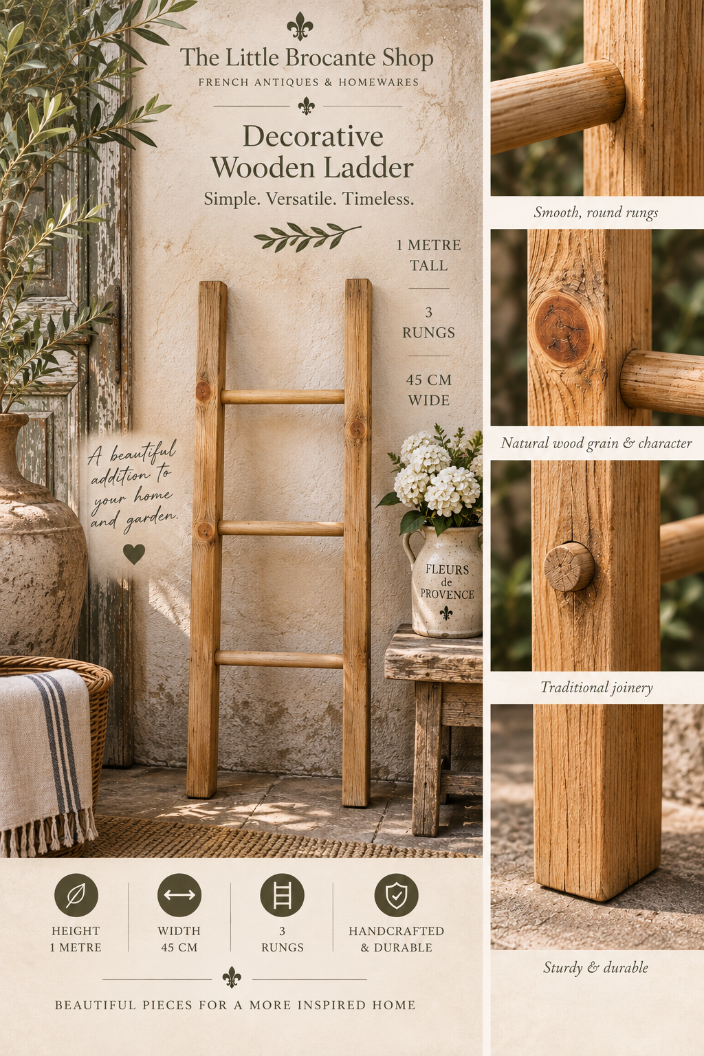 Rustic Traditional Wooden Towel or Blanket Ladder - 1 metre tall