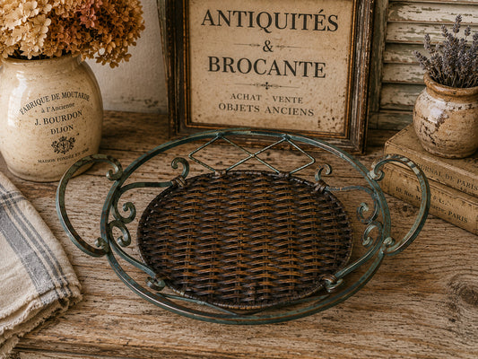 Vintage Metal & Wicker Tray / Basket