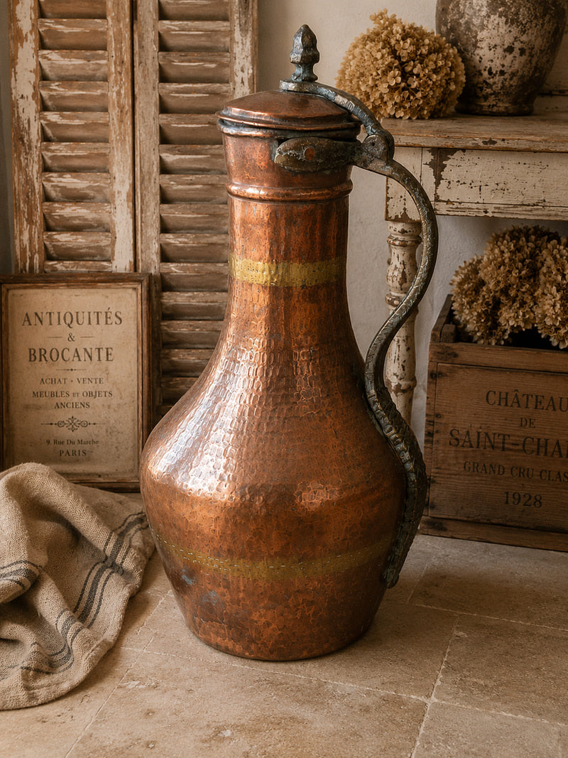 Antique French Hammered Copper Water Jug  c.1830 - The Little Brocante Shop