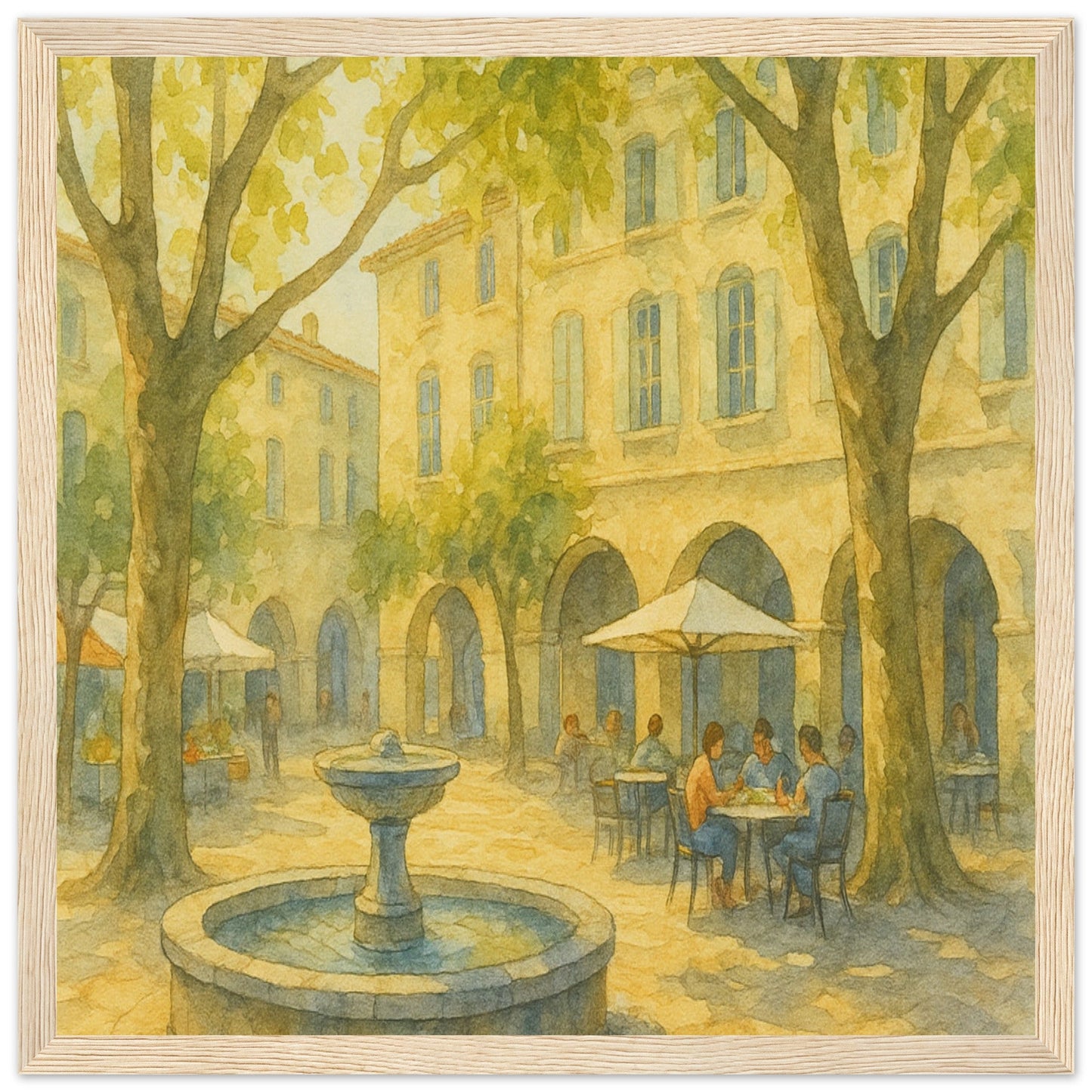 Uzes Fountain & Cafe print watercolor art framed wooden wall decor French town scene