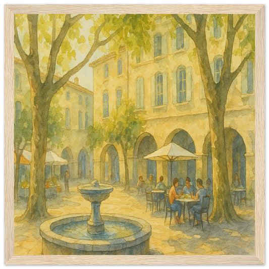 Uzes Fountain & Cafe print watercolor art framed wooden wall decor French town scene
