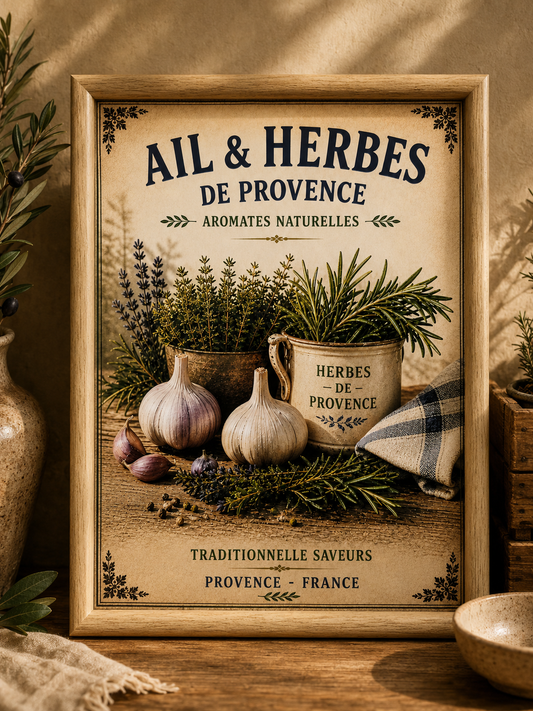 Provence Garlic & Herbs Market Vintage Style Print - A4, A3, A2, A1 or 50x70cm size