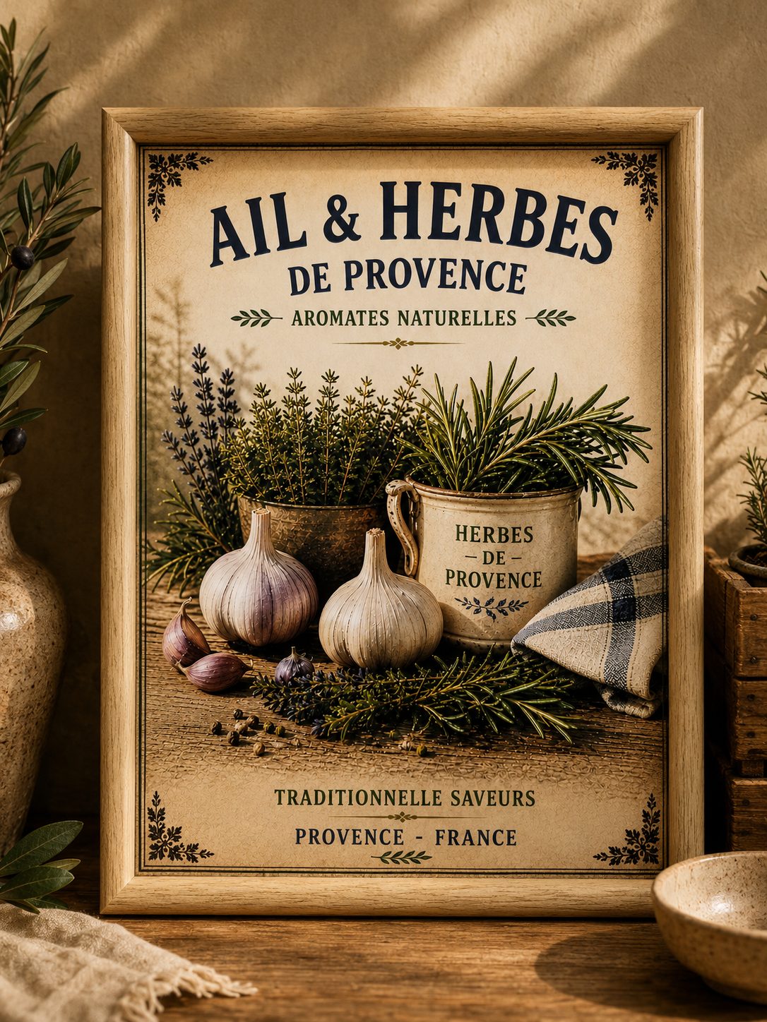 French Provence Garlic & Herbs Print – A4 in Wooden Frame - The Little Brocante Shop
