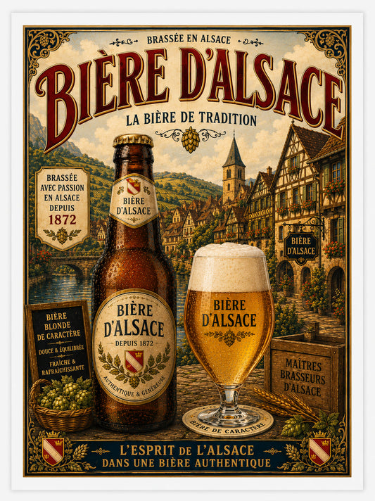 Bière d'Alsace Vintage Beer Print in Wooden frame. Choice of frames & sizes