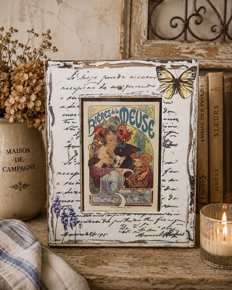 French Art Nouveau Wall Art – Bières de la Meuse Advertising Print in Distressed Shabby Chic Frame