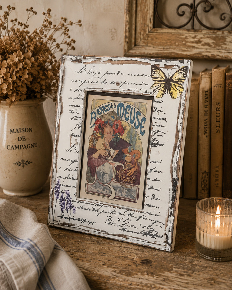 French Art Nouveau Wall Art – Bières de la Meuse Advertising Print in Distressed Shabby Chic Frame
