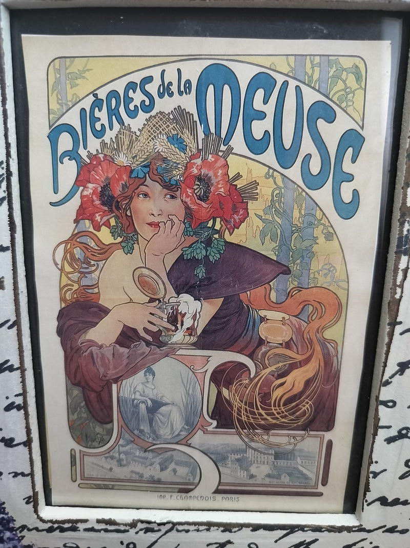 French Art Nouveau Wall Art – Bières de la Meuse Advertising Print in Distressed Shabby Chic Frame