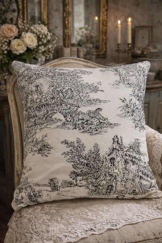 Handmade Black & White Toile Cushion (bridge scene)