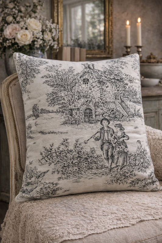Handmade Black & White Toile Cushion (farming scene)
