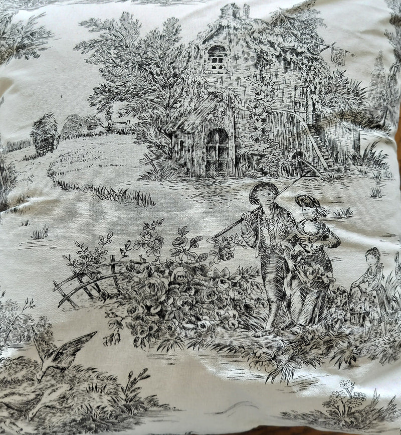 Handmade Black & White Toile Cushion (farming scene) - The Little Brocante Shop