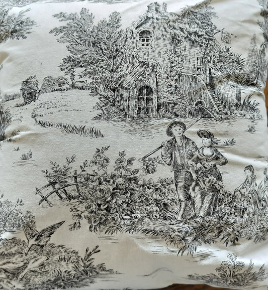 Handmade Black & White Toile Cushion (farming scene)