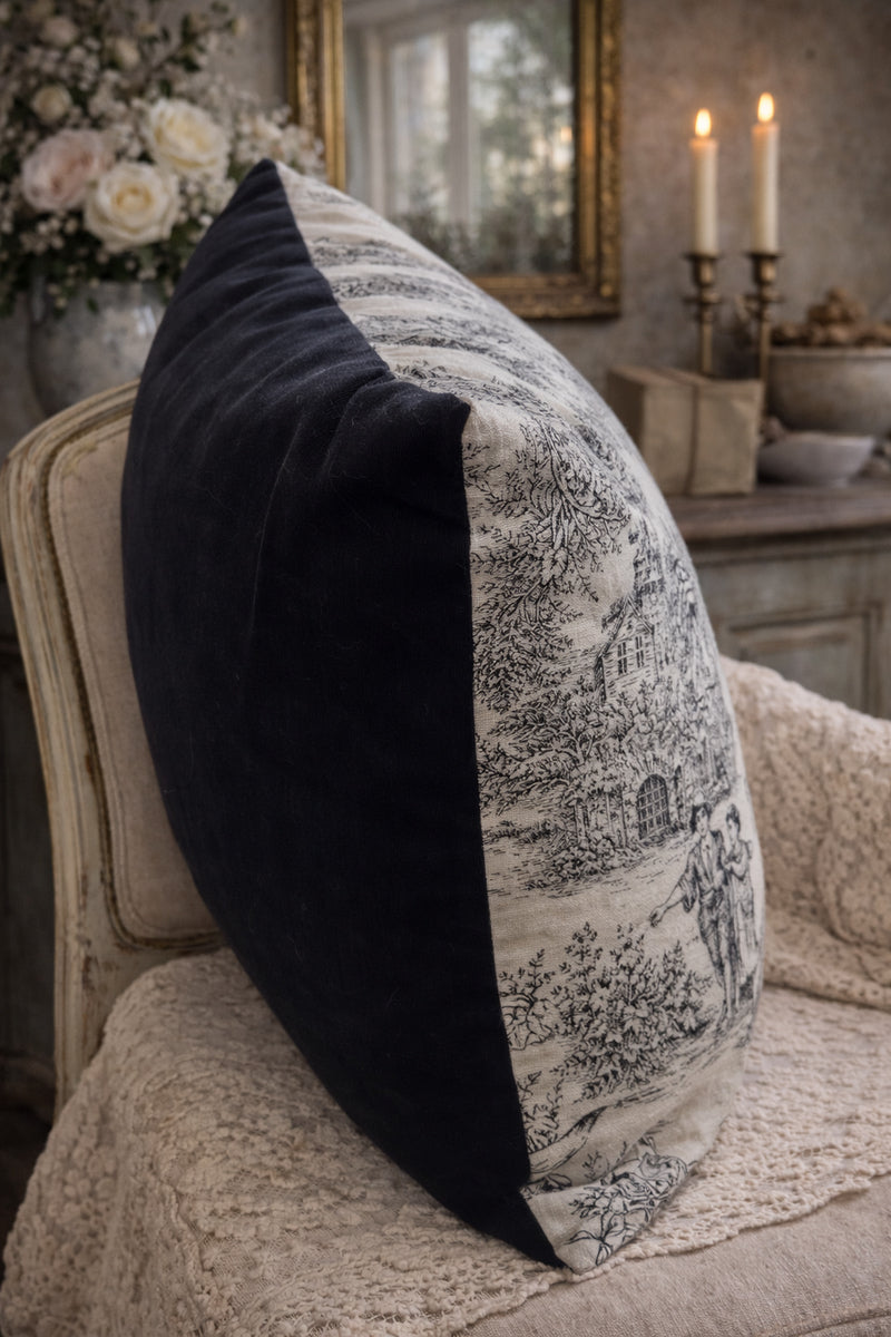 Handmade Black & White Toile Cushion (farming scene) - The Little Brocante Shop
