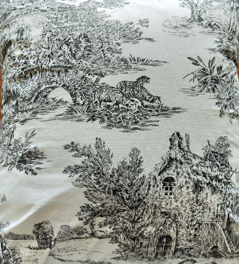 Handmade Black & White Toile Cushion (bridge scene) - The Little Brocante Shop