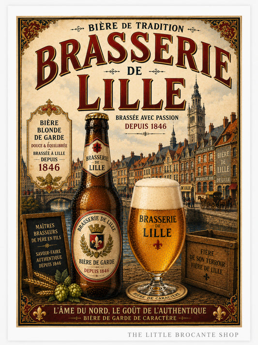 Brasserie de Lille Vintage Beer Print – French Brewery Wall Art in Wooden frame. Choice of frames & sizes