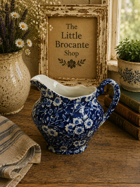 Vintage Burleigh Blue & White Ironstone Jug | Staffordshire Floral Cream Jug | English Country Cottage Pottery