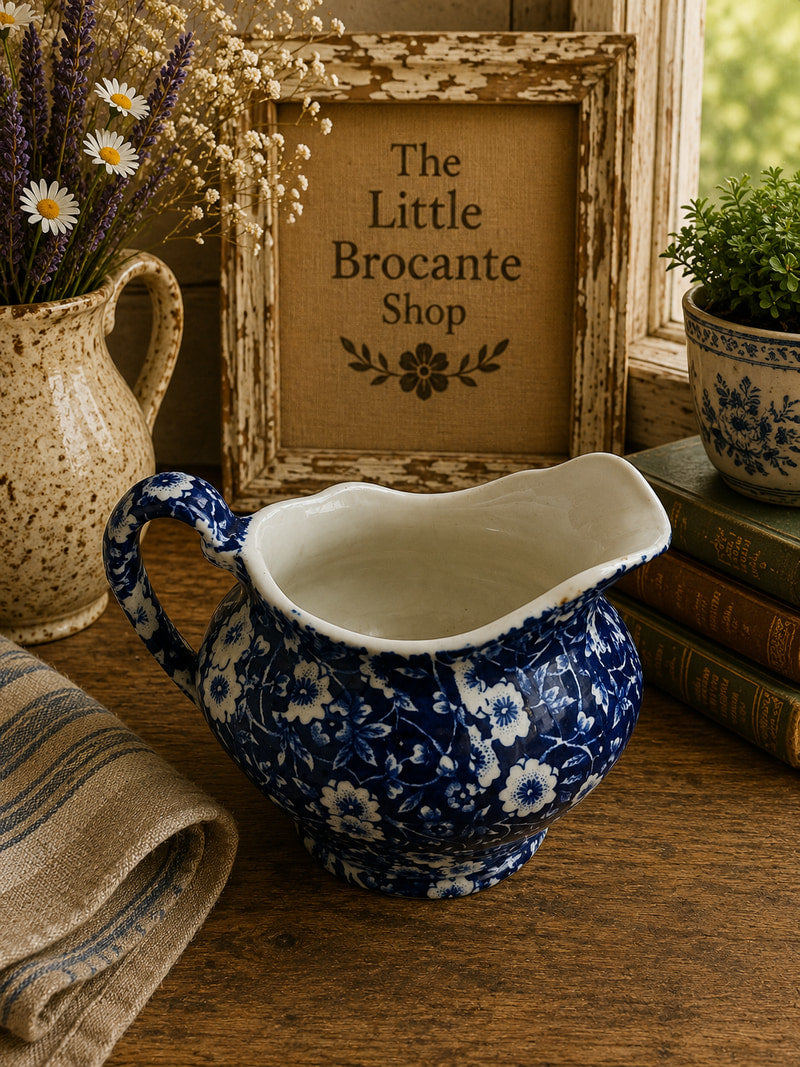 Vintage Burleigh Blue & White Ironstone Jug | Staffordshire Floral Cream Jug | English Country Cottage Pottery