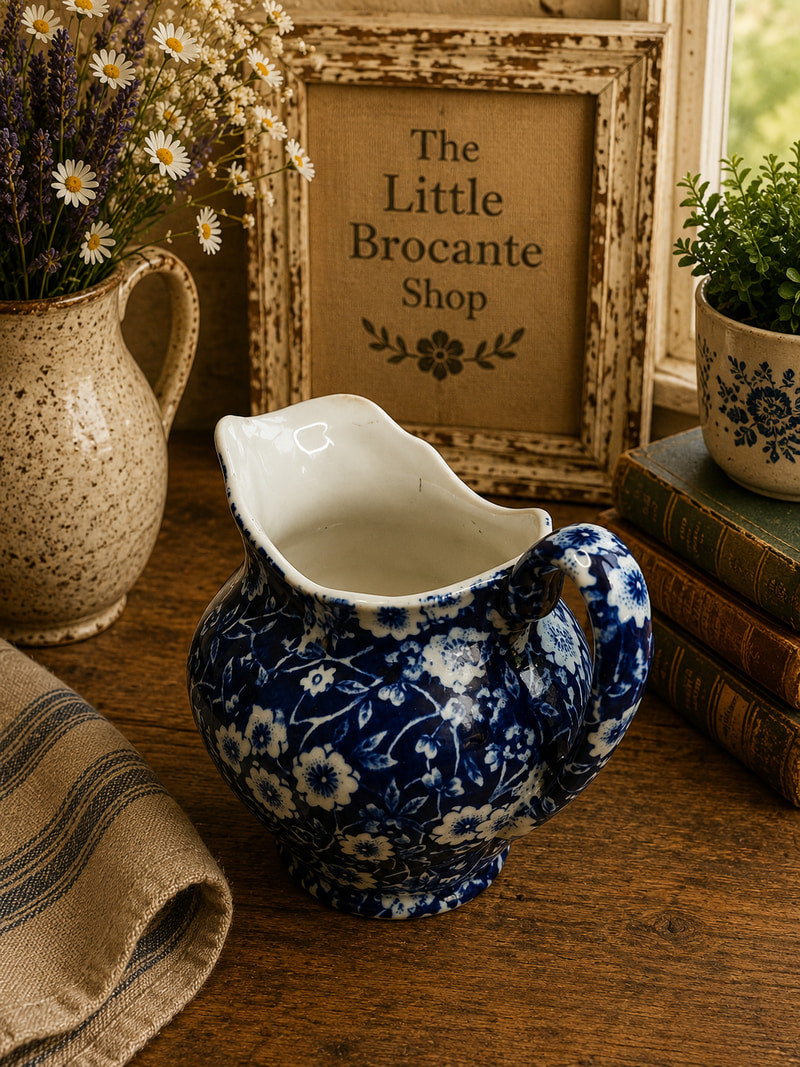 Vintage Burleigh Blue & White Ironstone Jug | Staffordshire Floral Cream Jug | English Country Cottage Pottery