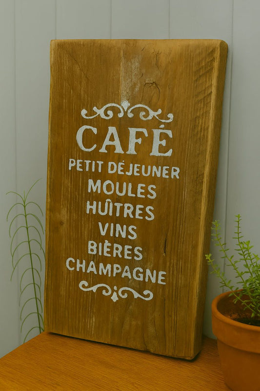 Upcycled handmade wooden cafe sign with white French lettering and rustic natural finish for indoor and outdoor decor