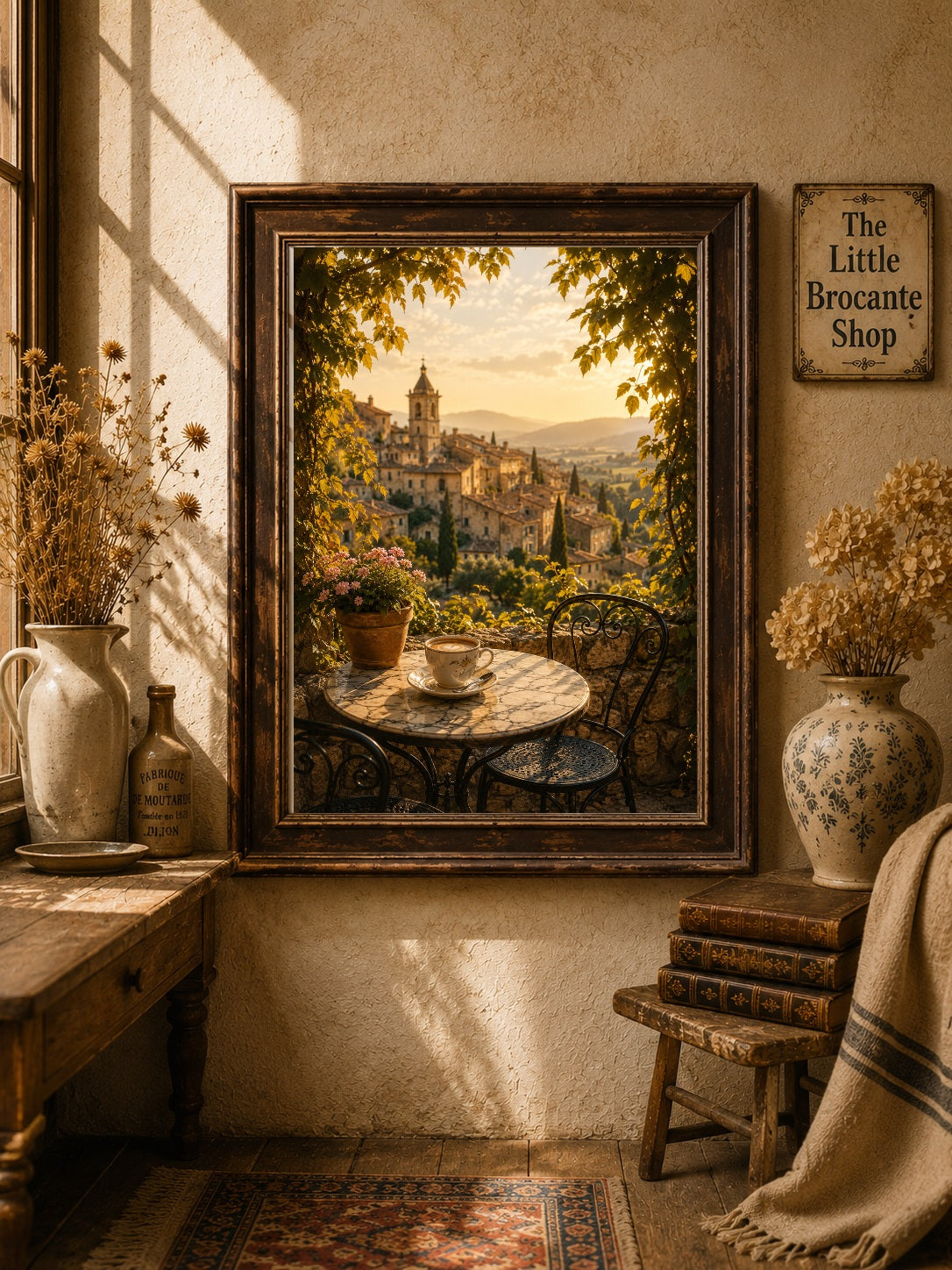 Café au Soleil Print | Provence Morning Coffee Wall Art | French Village Café Scene | A5, A4, A3, A2 & A1