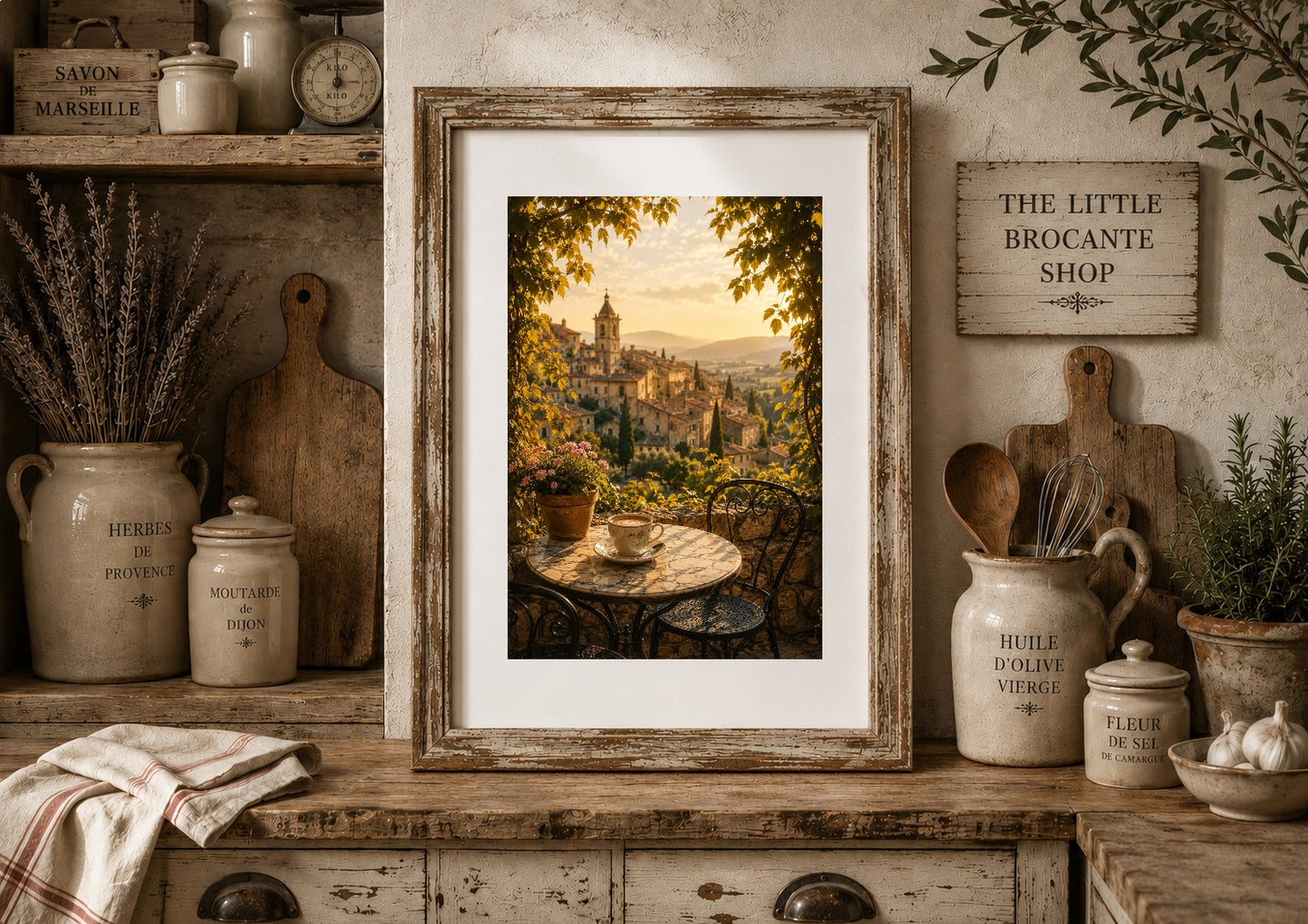 Café au Soleil Print | Provence Morning Coffee Wall Art | French Village Café Scene | A5, A4, A3, A2 & A1